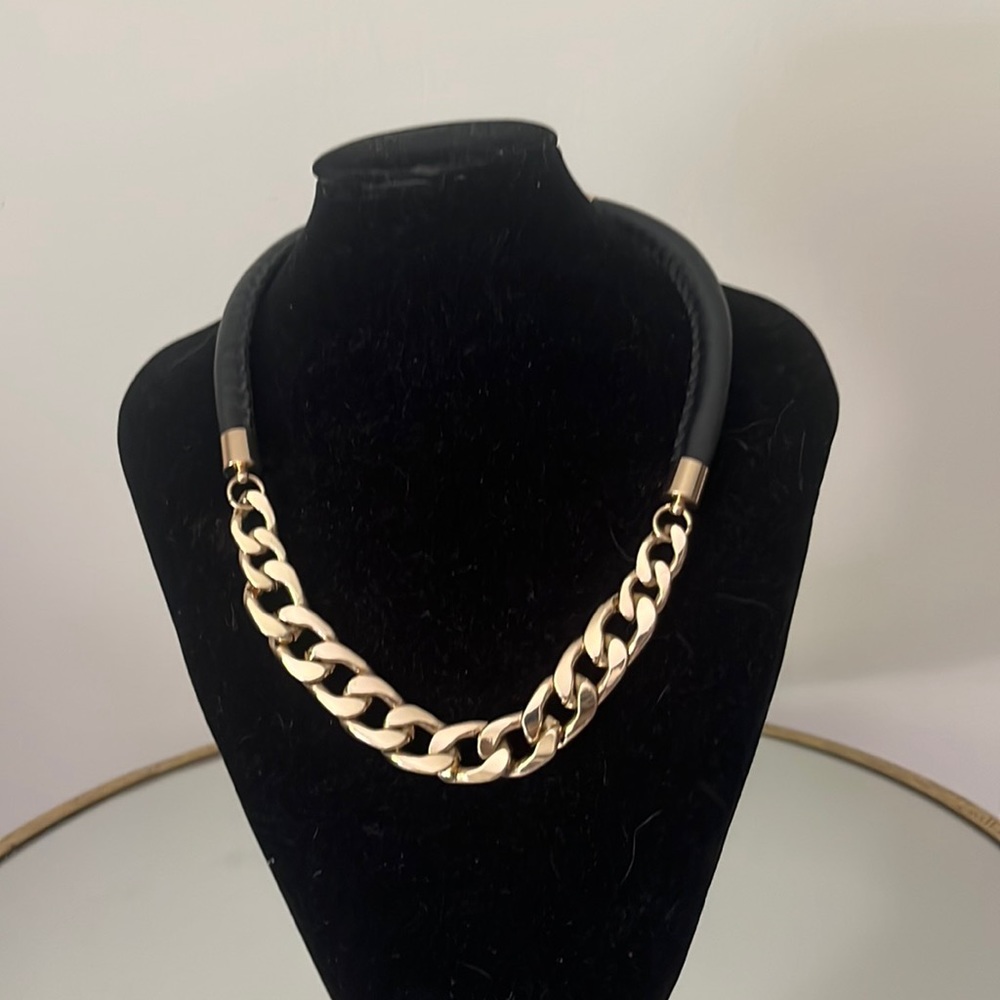 Fun.. gold chain and black leather rope necklace